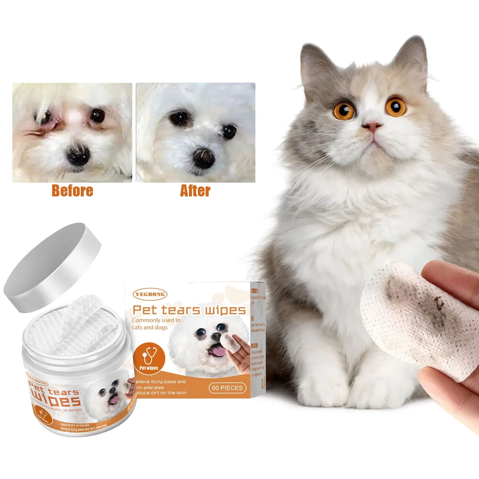 Salviette umidificate per occhi di gatto, macchie di strappo, pulizia delicata, rimozione degli odori, prurito, irritazione, sollievo, toelettatura degli occhi, asciugamano bagnato portatile per animali domestici