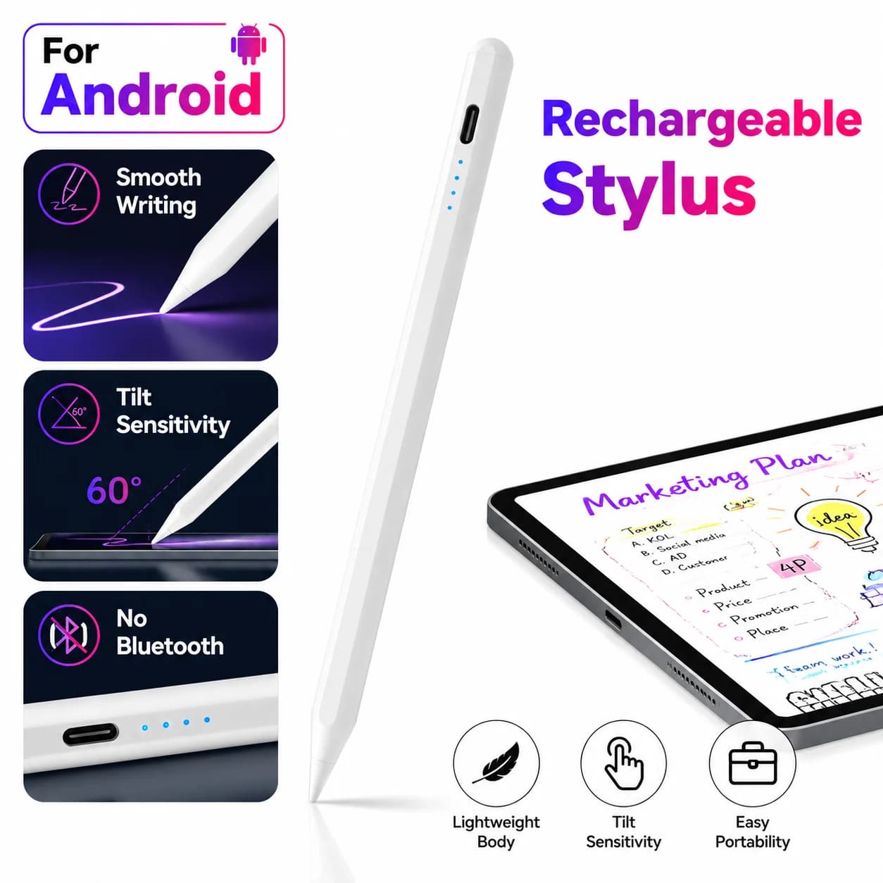 Capacitive Stylus for Xiaomi Pad 7 Pro Samsung Galaxy Tab A9 Rechargeable Stylus Pen for Redmi Pad Pro SE Android Tab Touch Pen