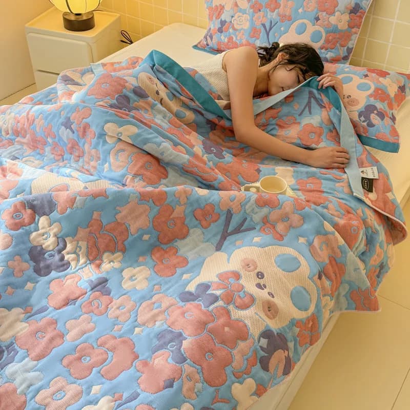 Copriletto in spugna di garza a 3 strati intrecciata jacquard di cotone a fibra lunga di lusso - Coperta da tiro traspirante per tutte le stagioni per viaggi a casa