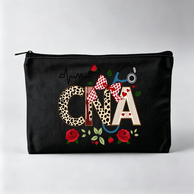 CNA Letter Print Makeup Bag with Stethoscope and Rose Graphics, Zipper Cosmetic Pouch for Daily Use