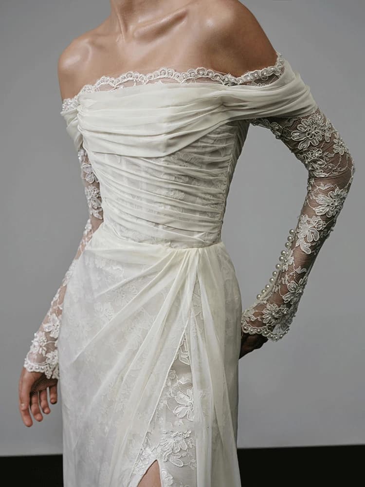 Abito da sposa vintage in pizzo monospalla a manica lunga con strascico, bianco, per matrimoni all'aperto, per spose sotto i 30 anni
