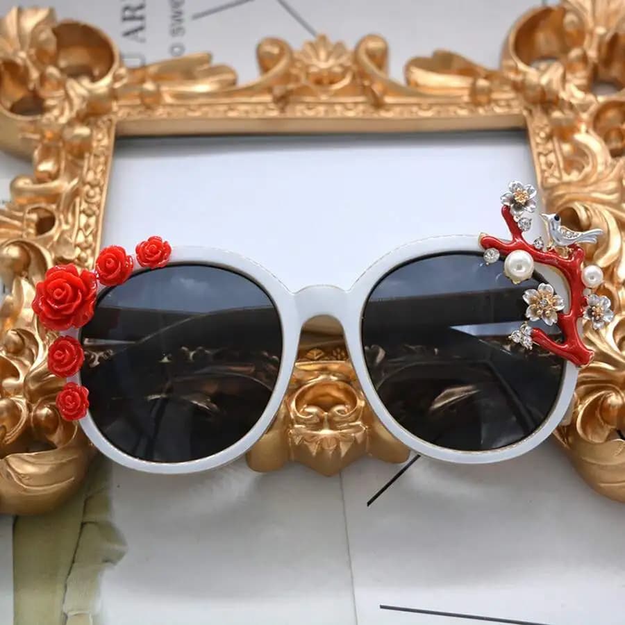 Fashionable Rhinestone Decorated Outdoor Sunglasses With Floral And Bird Embellishments