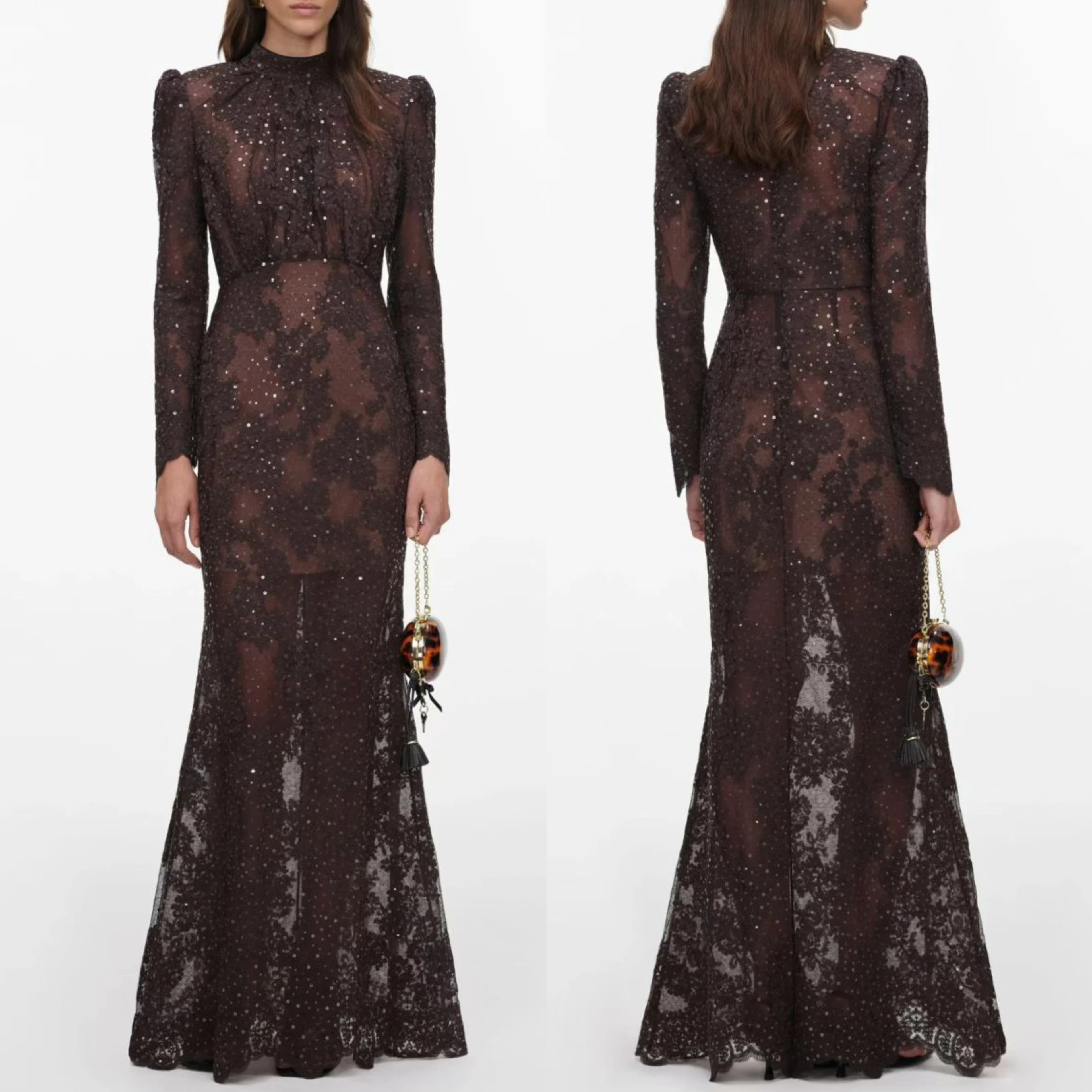 Women sequin Lace embroidery Mermaid Maxi Dress Women High Neck Padded Shoulder Long Sleeve Sheer Evening Party Formal Gown