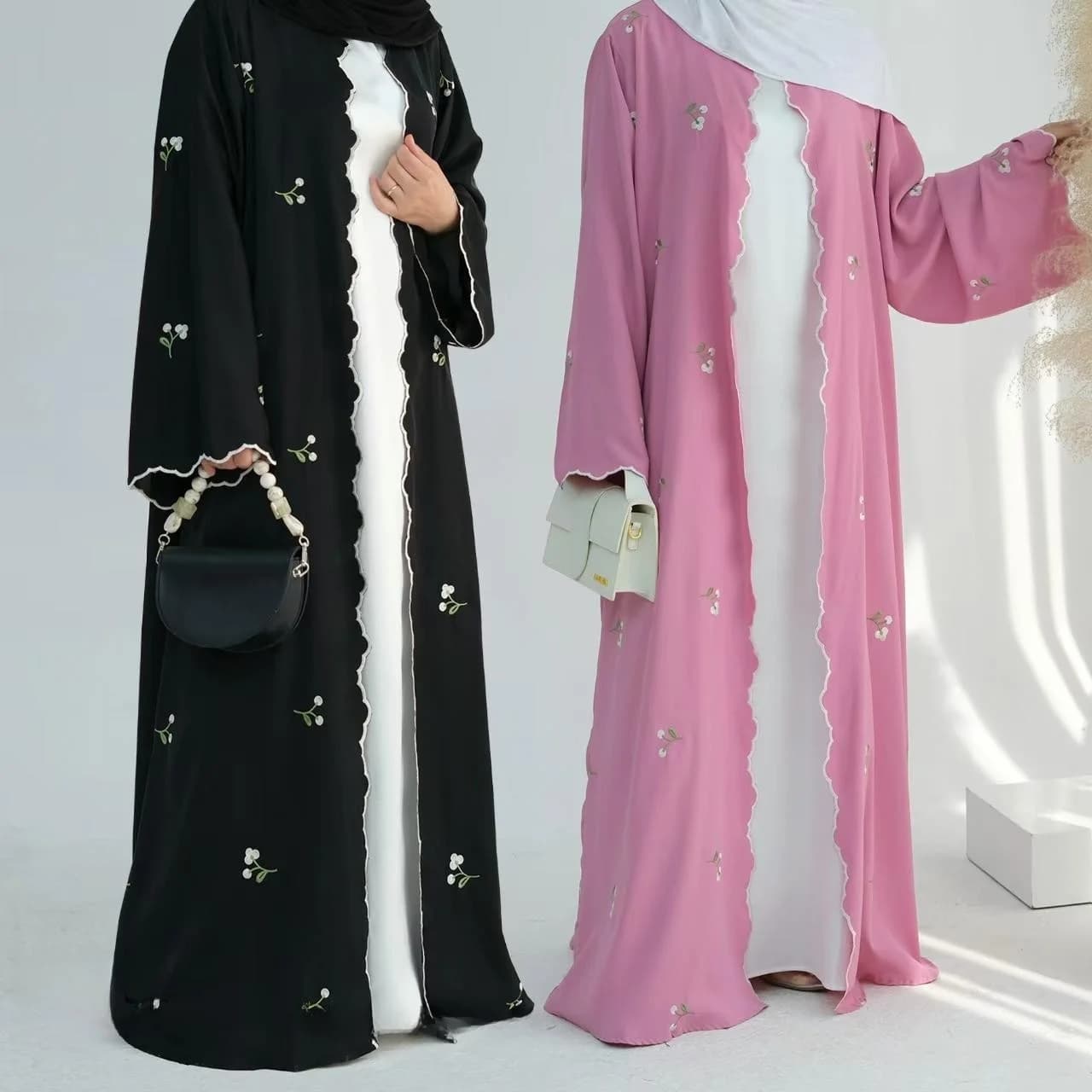 Elegant Flower Embroidery Long Sleeve Cardigan Dress Draped Chiffon Evening Gown for Women Fashionable Casual Floor-Length