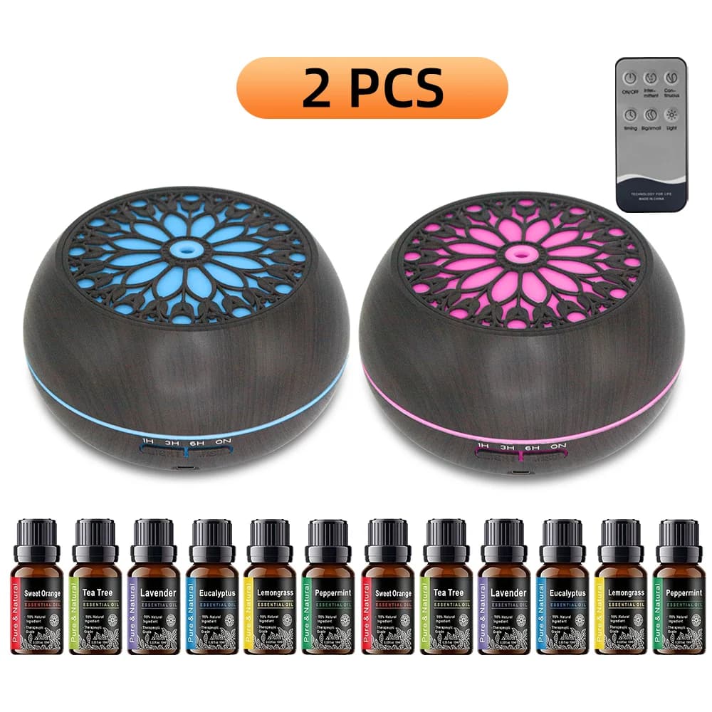 2 diffusori ad ultrasuoni da 550 ml con design effetto legno, 7 luci d'atmosfera a LED, 12 flaconi di oli essenziali