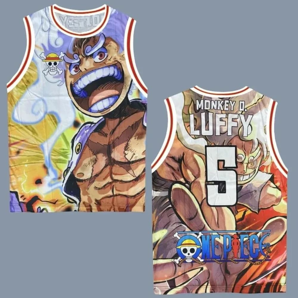 Canotta da basket sportiva One Piece King Luffy Fifth Tier, canotta a maniche corte alla moda, ampia e casual, da uomo e da donna
