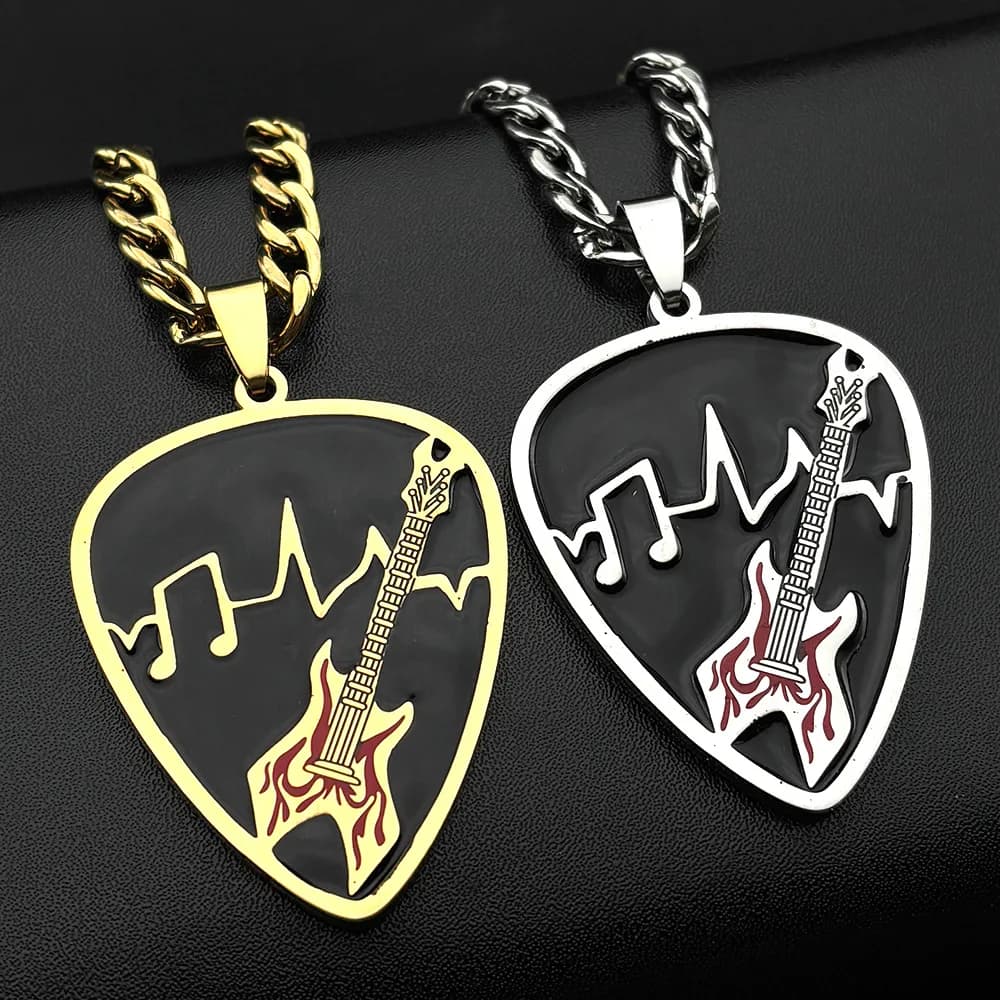 New stylish stainless steel guitar note pattern pendant necklace, guitar pick sweater chain accessory, birthday anniversary gift
