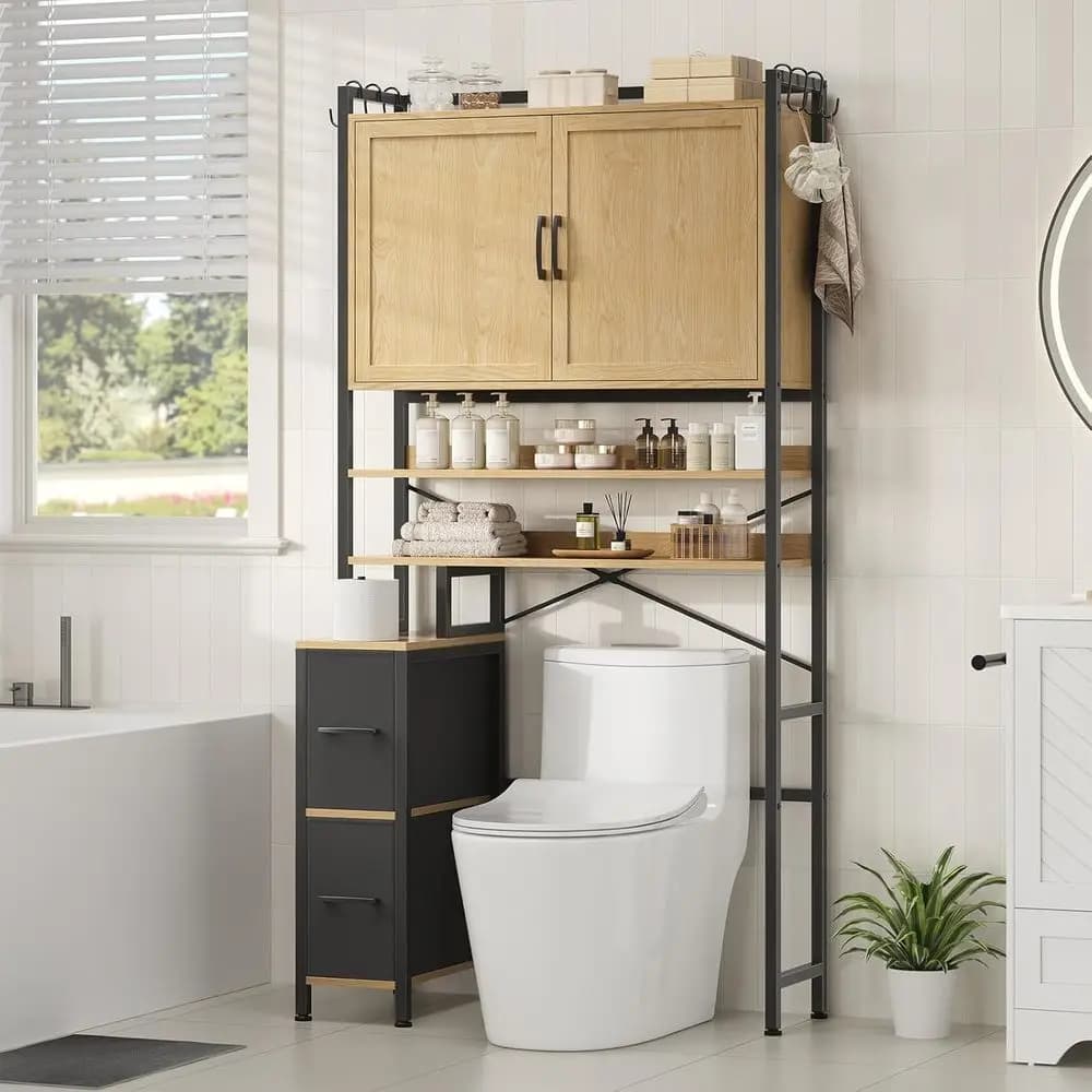 Mobiletto Salvaspazio a Doppio Ripiano Sopra il WC con 6 Ganci e Portarotolo, Finitura Naturale per Bagno o Lavanderia