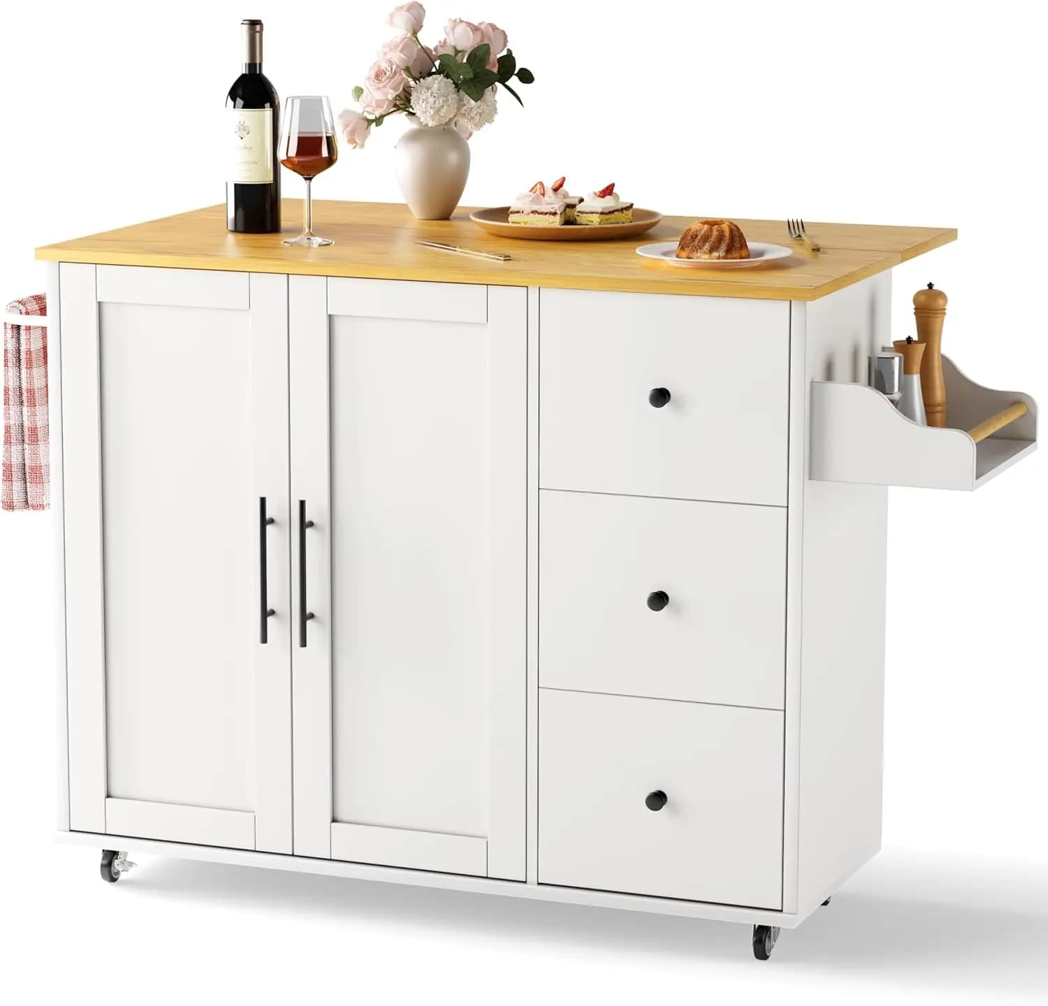 Isola da Cucina Multifunzionale su Ruote con Piano Ribaltabile, Spazio di Stoccaggio, Porta Spezie, Portasciugamani, Piano di Lavoro Espandibile, 39,37 Pollici, Bianco
