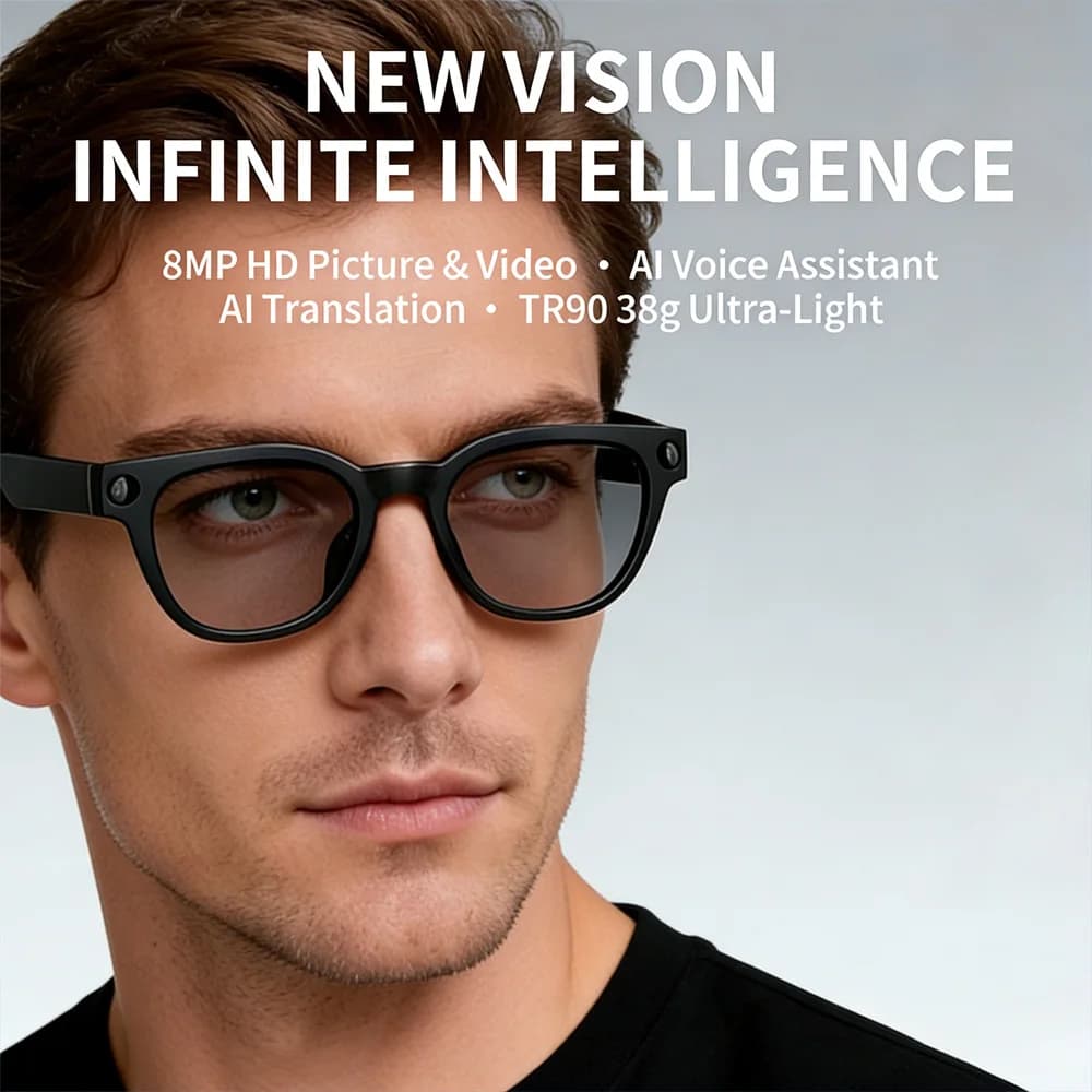 Occhiali Intelligenti MT3 AI con Fotocamera 8MP, Registrazione Video 1200P, Traduzione in Tempo Reale in Oltre 100 Lingue, Bluetooth 5.3, Chiamate, WiFi, Controllo Touch