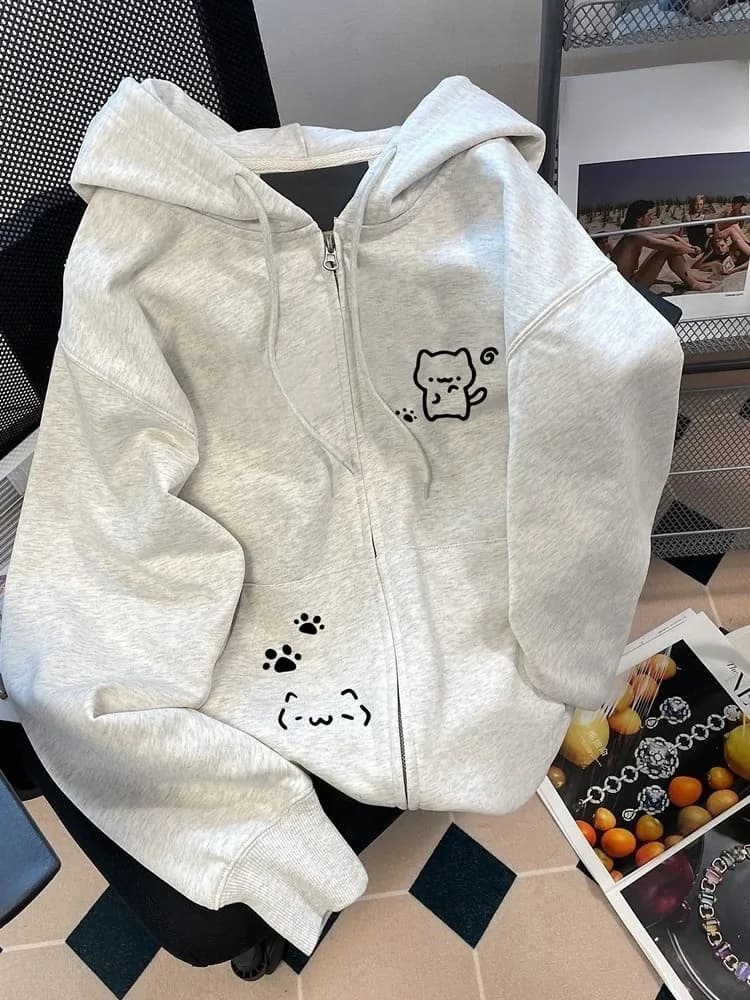 Cute Print Hoodie Women's Fleece Lined Casual Cardigan Coat Spring Autumn Fashion Comfortable Korean Style Long Sleeve