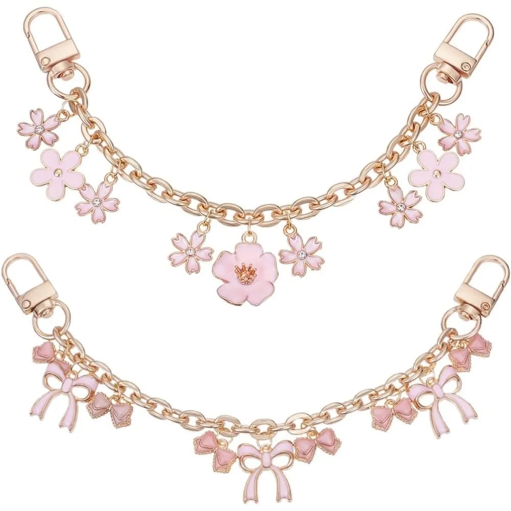 2Pcs 2 Styles Purse Chain Strap Replacement Flower Purse Extender Gold Decorative Bag Chain Enamel Pink for Wallets