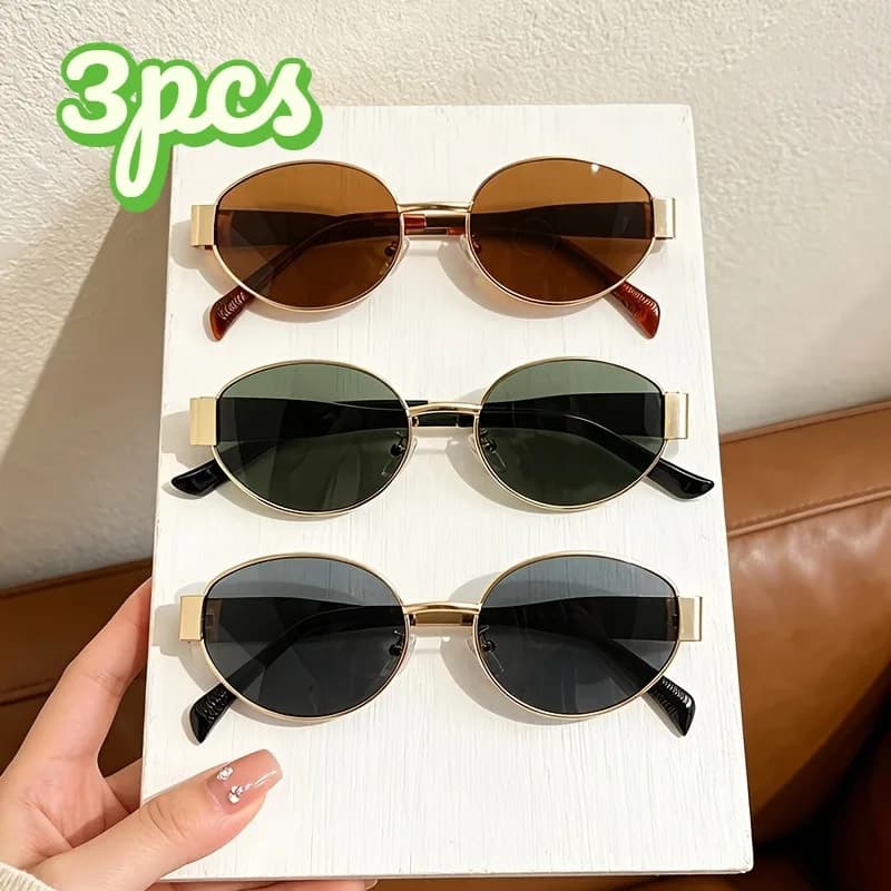 3 Pcs Unisex Oval Metal Fashion Glasses, Multi-Color Set, Travel & Holiday Gift