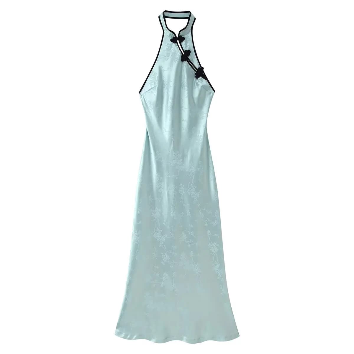 2026 Summer Women's Elegant Chinese Knot Button Sleeveless Jacquard Halter Midi Dress Lady Vintage A-line Floral Backless Robe