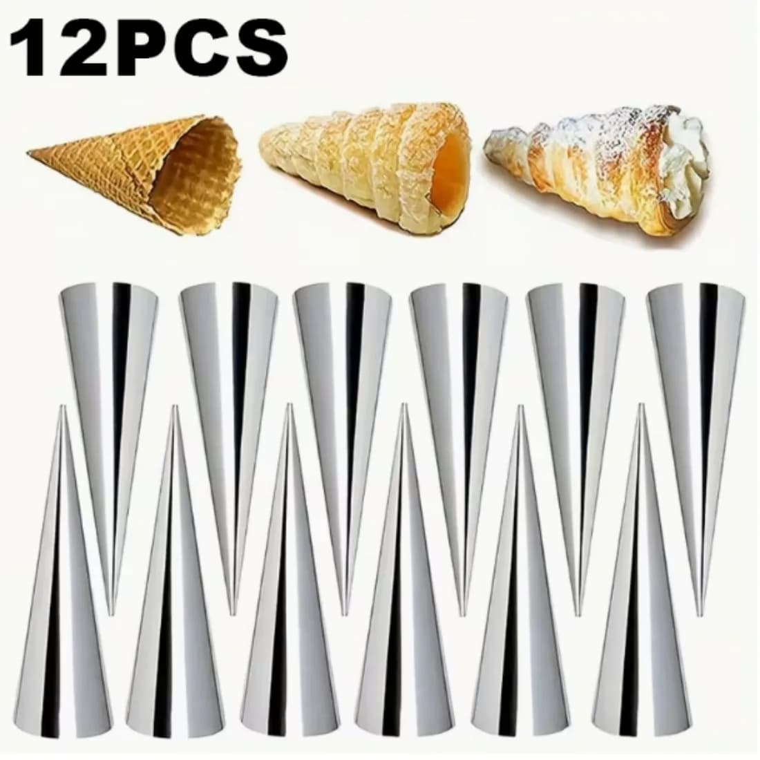 Set di 12 Stampi per Coni Gelato in Acciaio Inox 201, Tubi Spiralati Antiaderenti per Gelato, Croissant, Puff, Waffle