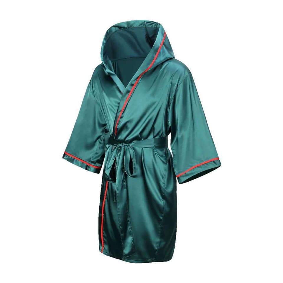 Accappatoio da boxe con cappuccio raso di seta verde arti marziali per adulti Kickboxing Match abito da allenamento mantello donna uomo Muay Thai MMA uniforme