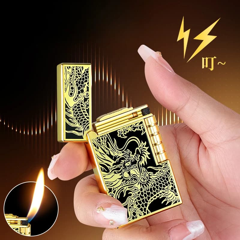 Metal Loud Steel Sound Side Sliding Grinding Wheel Inflatable Inclined Flame Open Flame Lighter Double-sided Pattern High-end
