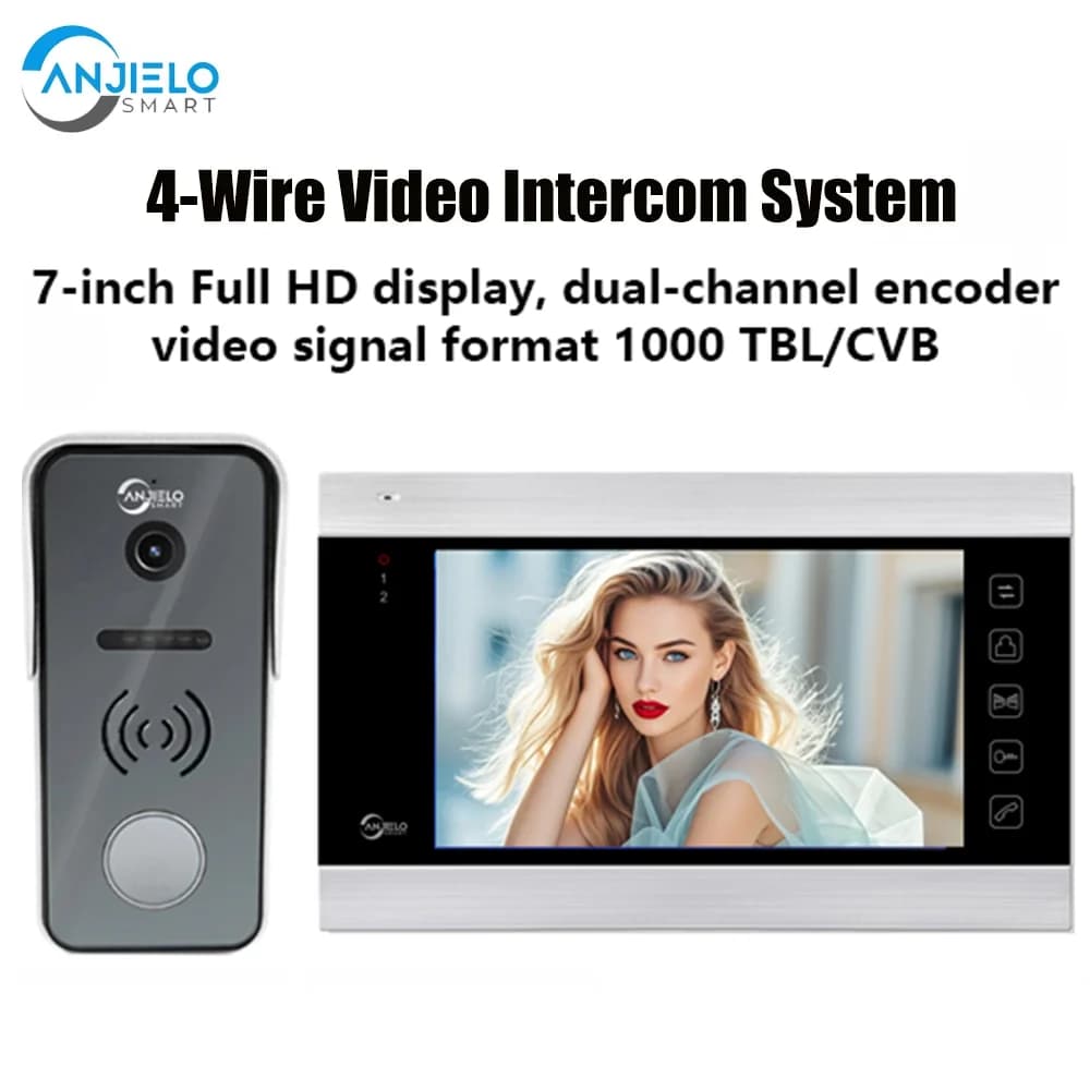 ANJIELO Sistema videocitofonico a 4 fili da 7 pollici con sblocco tramite scheda swipe, telecamera AHD, visione notturna e obiettivo grandangolare per la sicurezza domestica