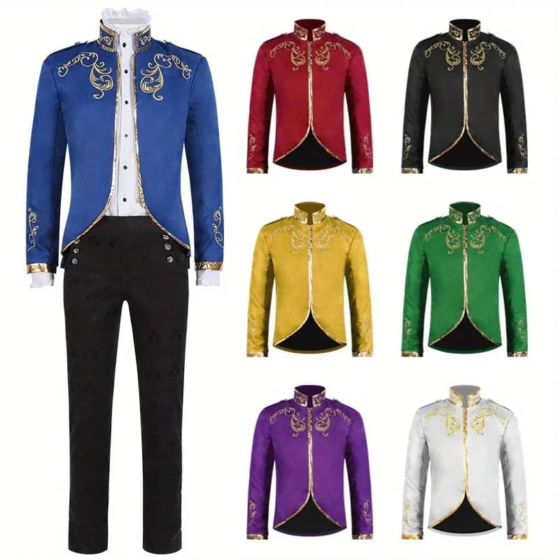 Completo Abito da Principe Medievale alla Moda con Ricami: Cappotto, Camicia e Pantaloni per Cosplay di Halloween 2026