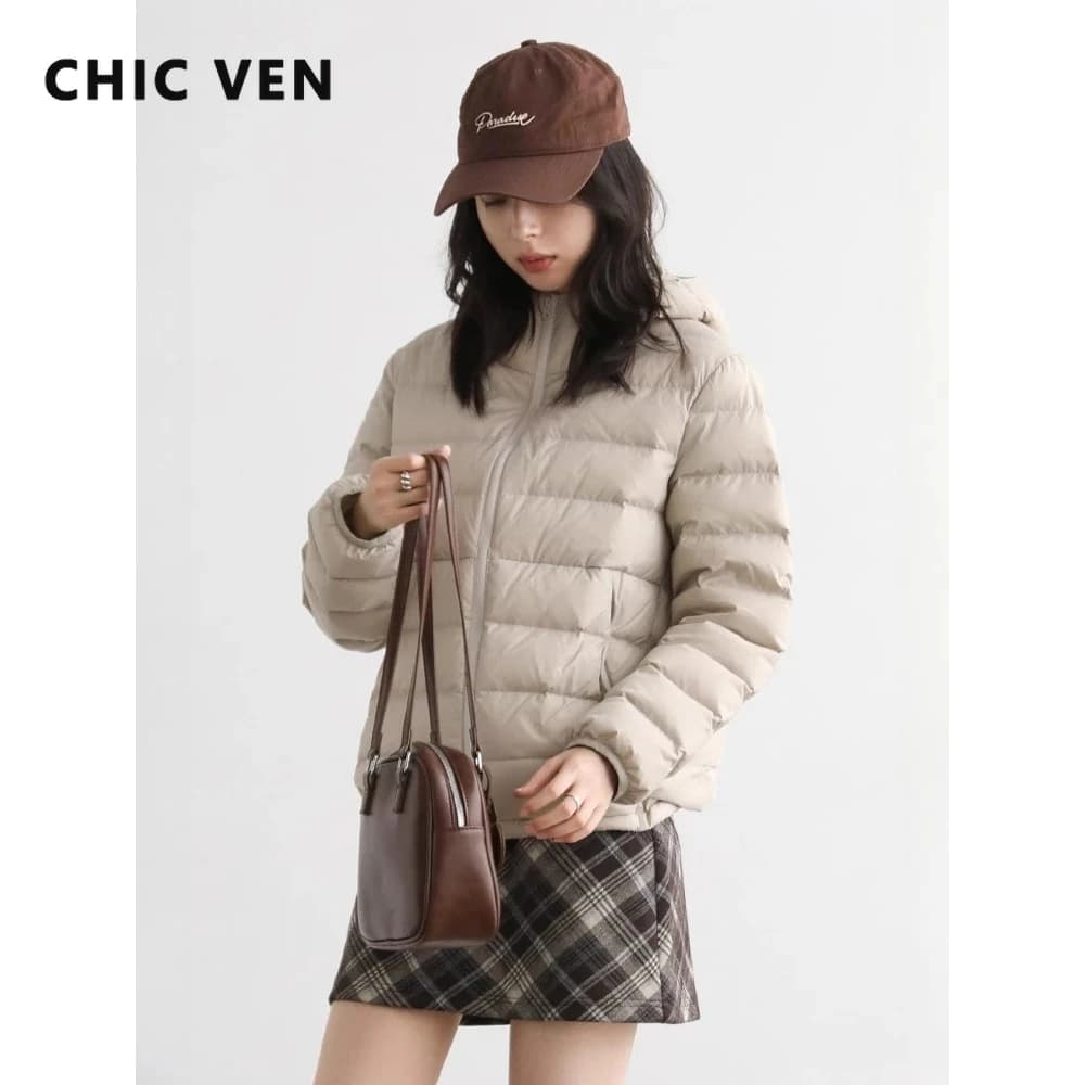 CHIC VEN Women Down Coats Korean Casual Solid Pit Strip Design Hooded White Duck Down Jackets Female Clothing Autumn Winter 2025