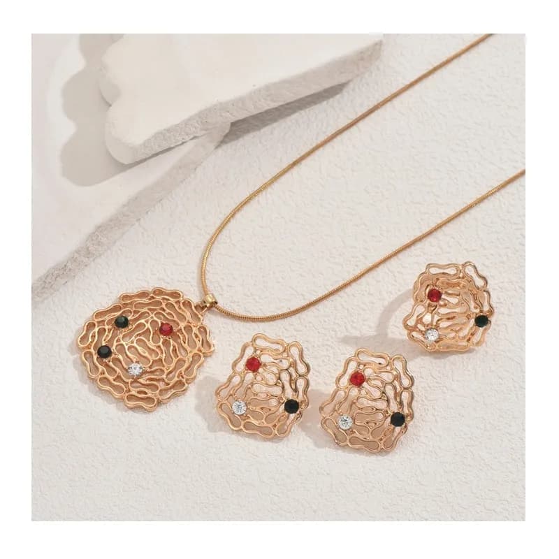 Nuovo Set di Anello e Collana da Donna, Orecchini Geometrici con Diamanti Colorati Incastonati, Gioielli Versatili Traforati per Donne