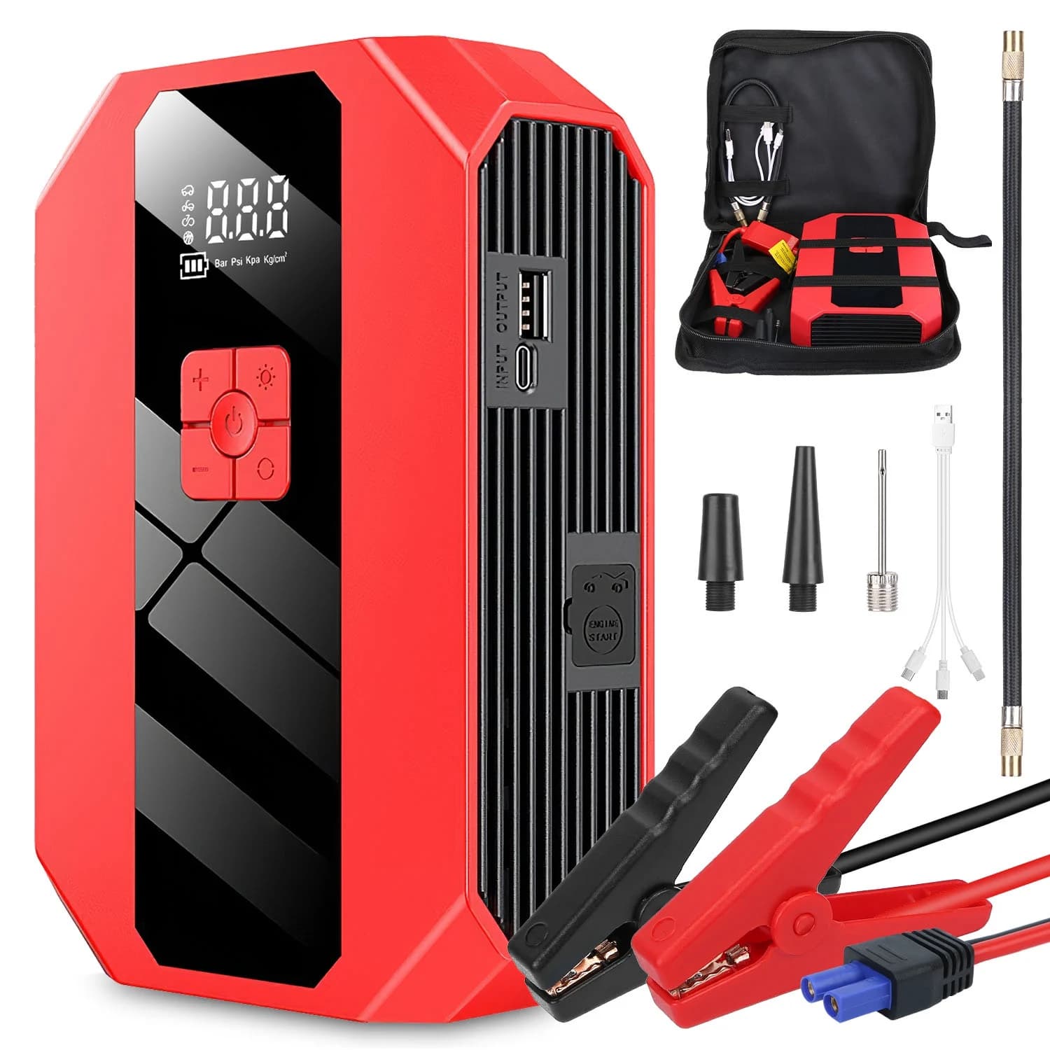 Avviatore di Emergenza Portatile per Auto con Compressore d'Aria 1500A 400PSI, Caricabatterie per Auto, Power Bank e Torcia LED
