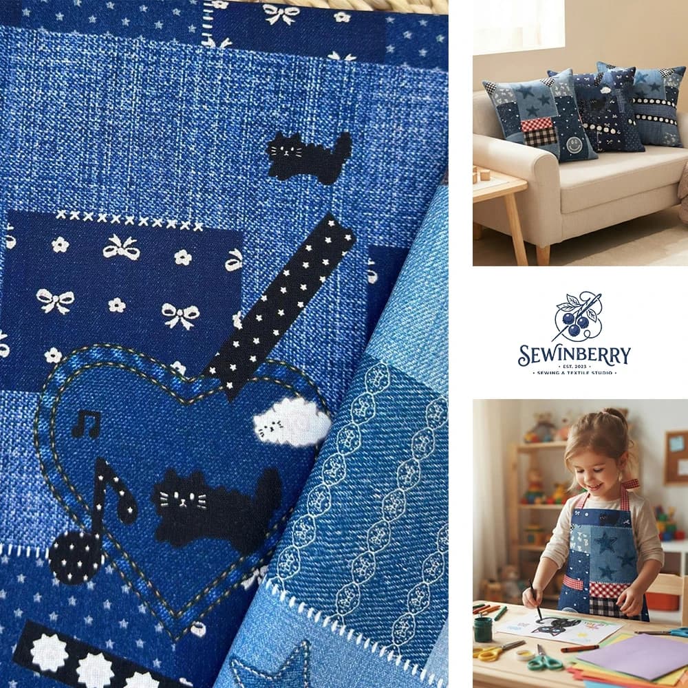 Japanese Korean Denim Patchwork Cotton Fabric Digital Print DIY Bag Material 100x110cm For Fat Quarter Patchwork Sewing