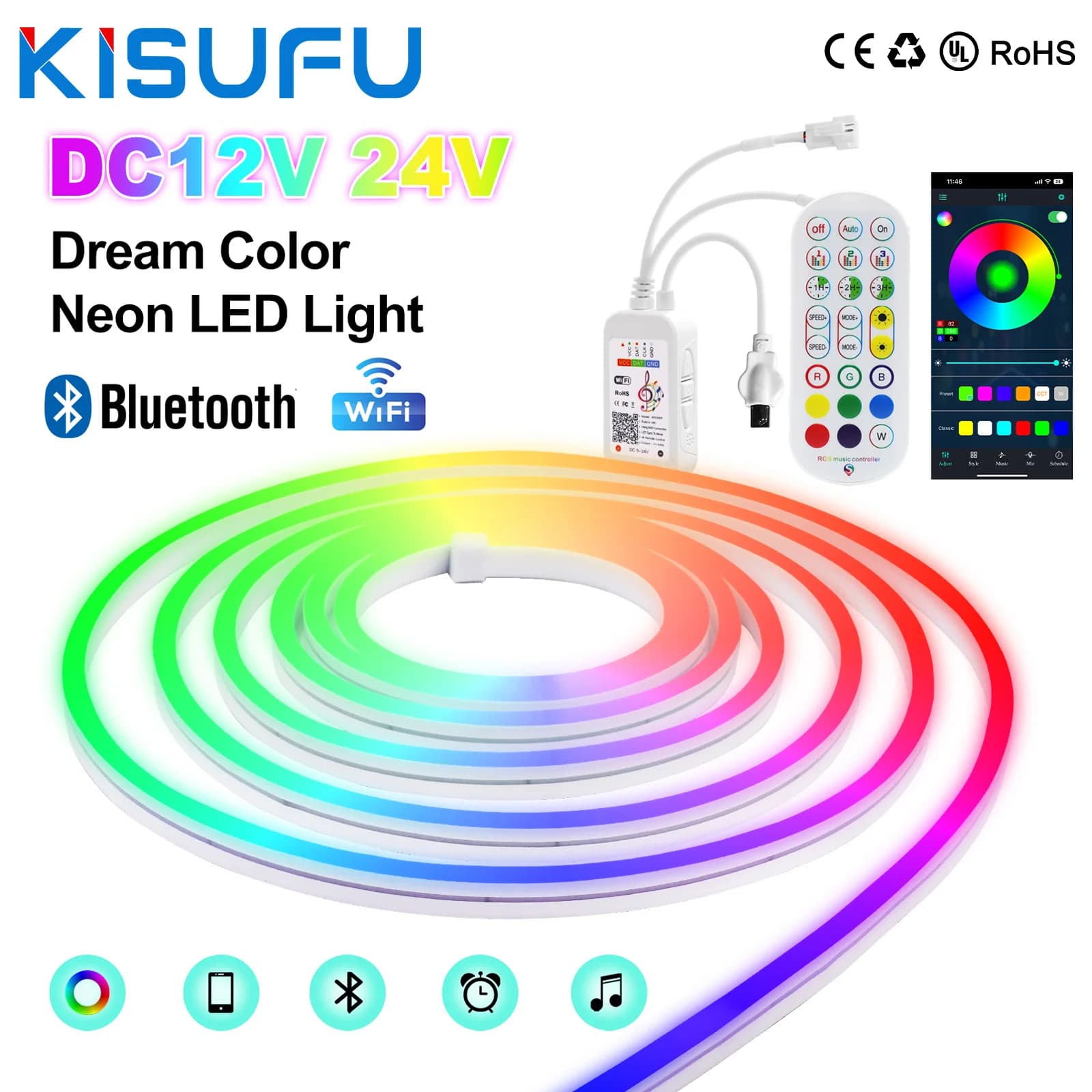 RGBIC Neon Strip LED Light 12/24V Dreamcolor Chasing Neon Rope Light Bluetooth WIFI Kit telecomando Flex Corda indirizzabile