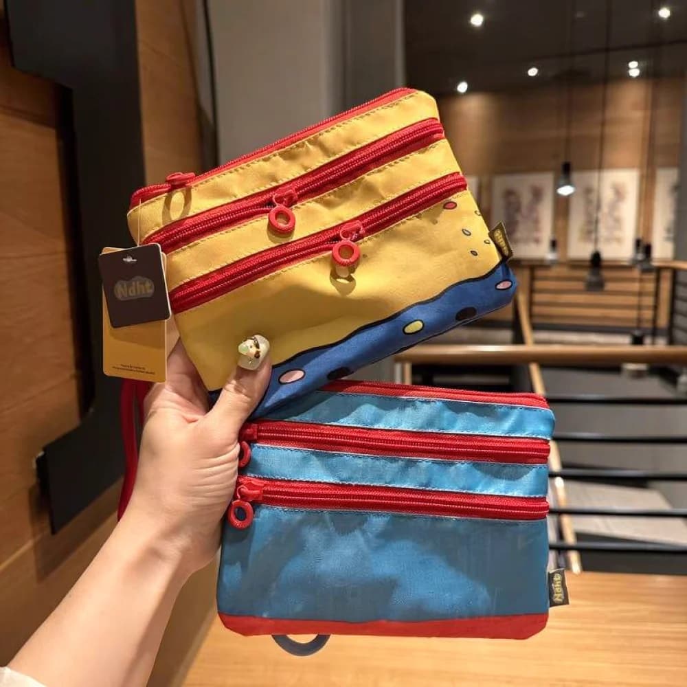 Portable Storage Pouch Cartoon Elephant Design Triple Zipper Organizer Canvas Passport Wallet Travel Makeup Case Bag