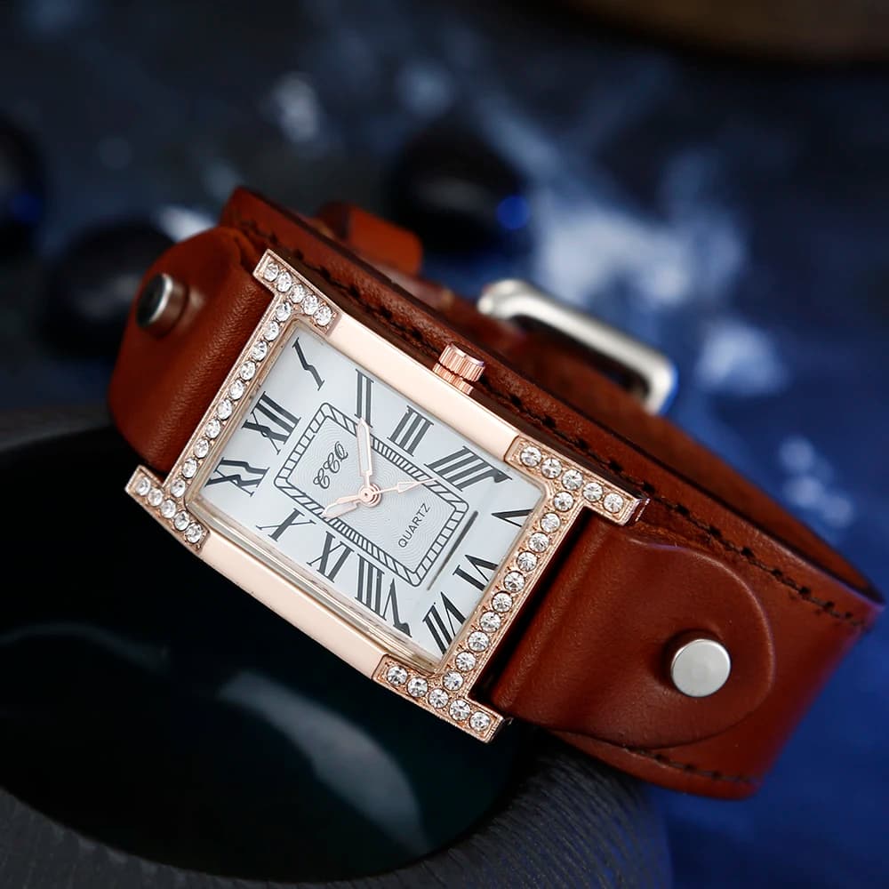 Rome Casual Women's Square Wrist Watch Leather Strap Women's Watch Dress Quartz Crystal Couples Wrist Watch