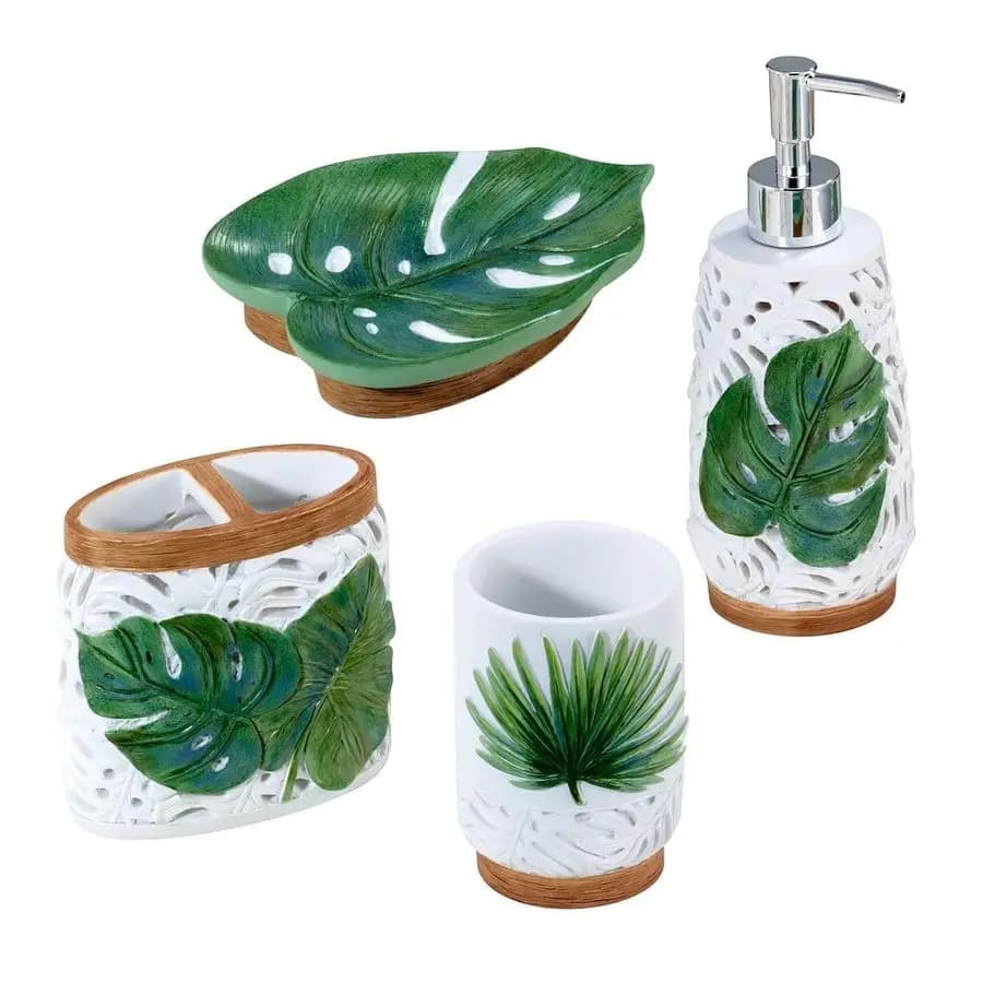 Set di Accessori, Porta Spazzolino in Resina, Portasapone e Dispenser per Sapone Liquido, Decorazione Bagno Tropicale Viva Palm Collect