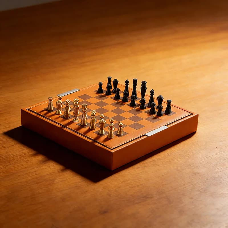 Set di Scacchi in Alluminio Nero e Oro con Scacchiera in Pelle per Arredamento Casa e Regalo