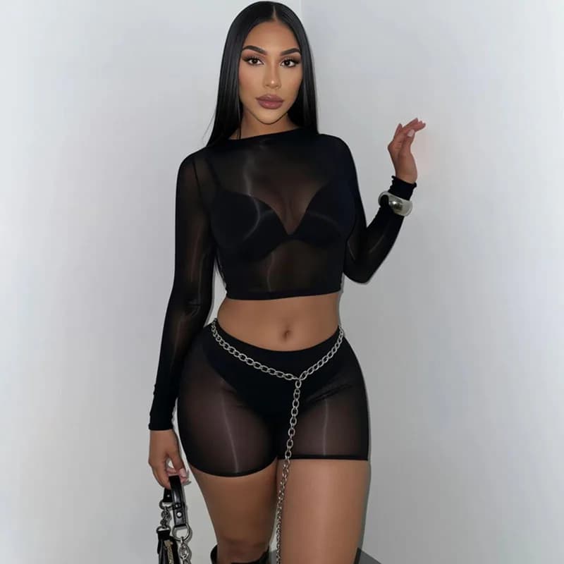 Doyerl Set Due Pezzi in Rete Trasparente per Donna, Outfit Sexy per Rave e Feste, Top Corto a Maniche Lunghe e Pantaloncini, Completi da Donna