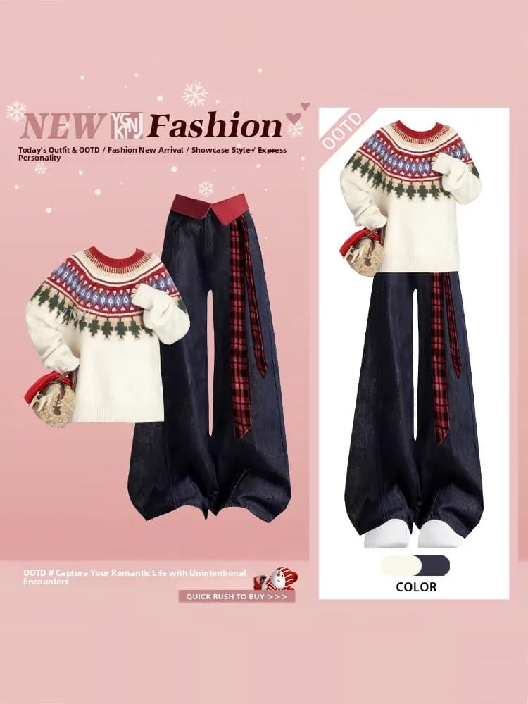 Cisas Fair Isle knitted sweater and high waist wide leg jeans set for women Vintage Sle Autumn Winter Faion