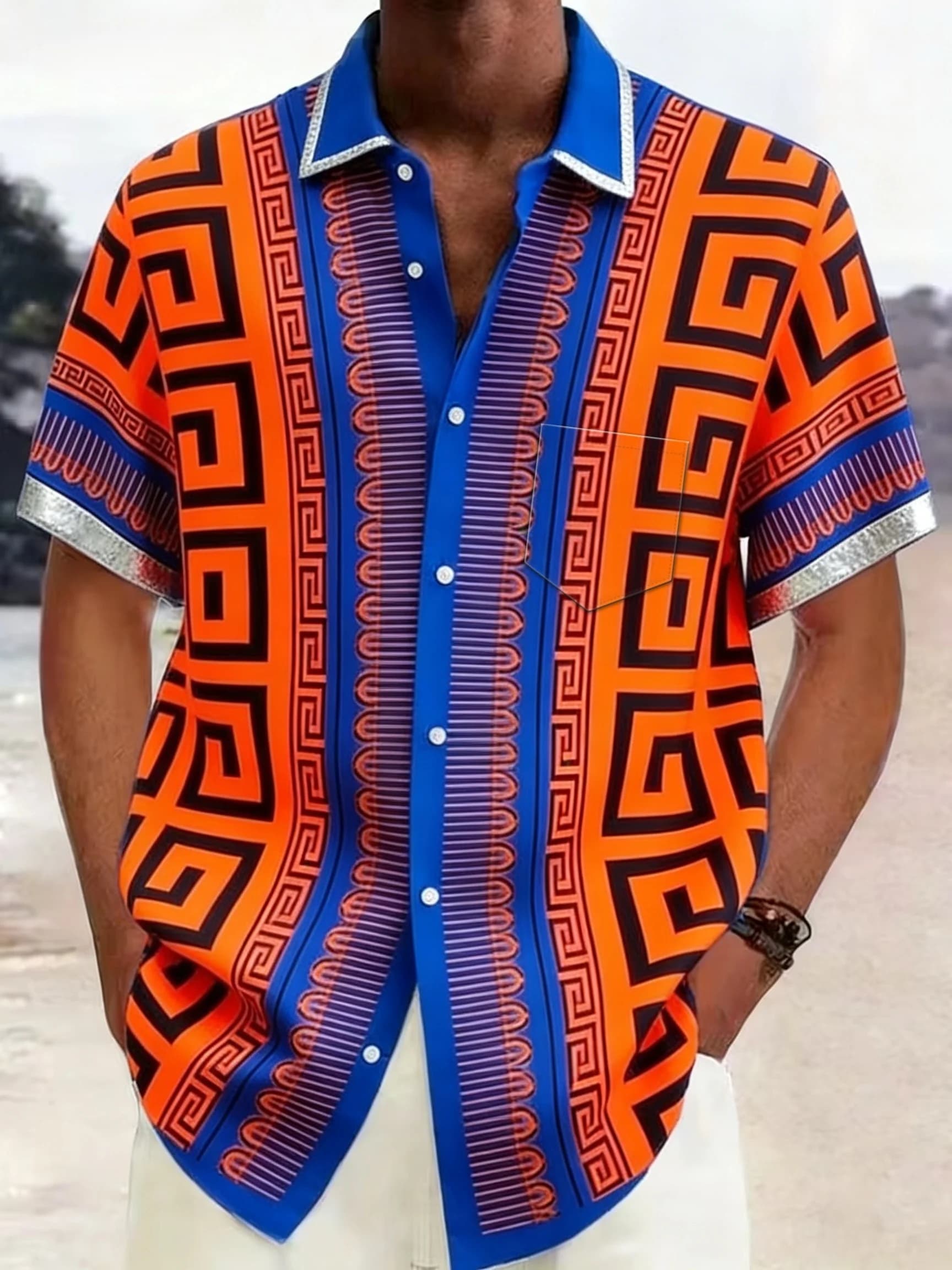 Men Short Sleeve Button Down Shirt Orange Blue Greek Key Geometric Tribal Print Polyester Casual Holiday Blouse
