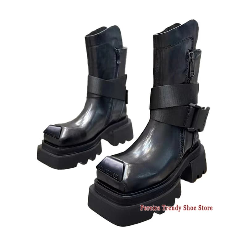 Stivali da moto con punta quadrata e suola spessa Coppia scarpe casual Autunno Inverno Uomo Donna Stivali corti con plateau con fibbia in pelle nera