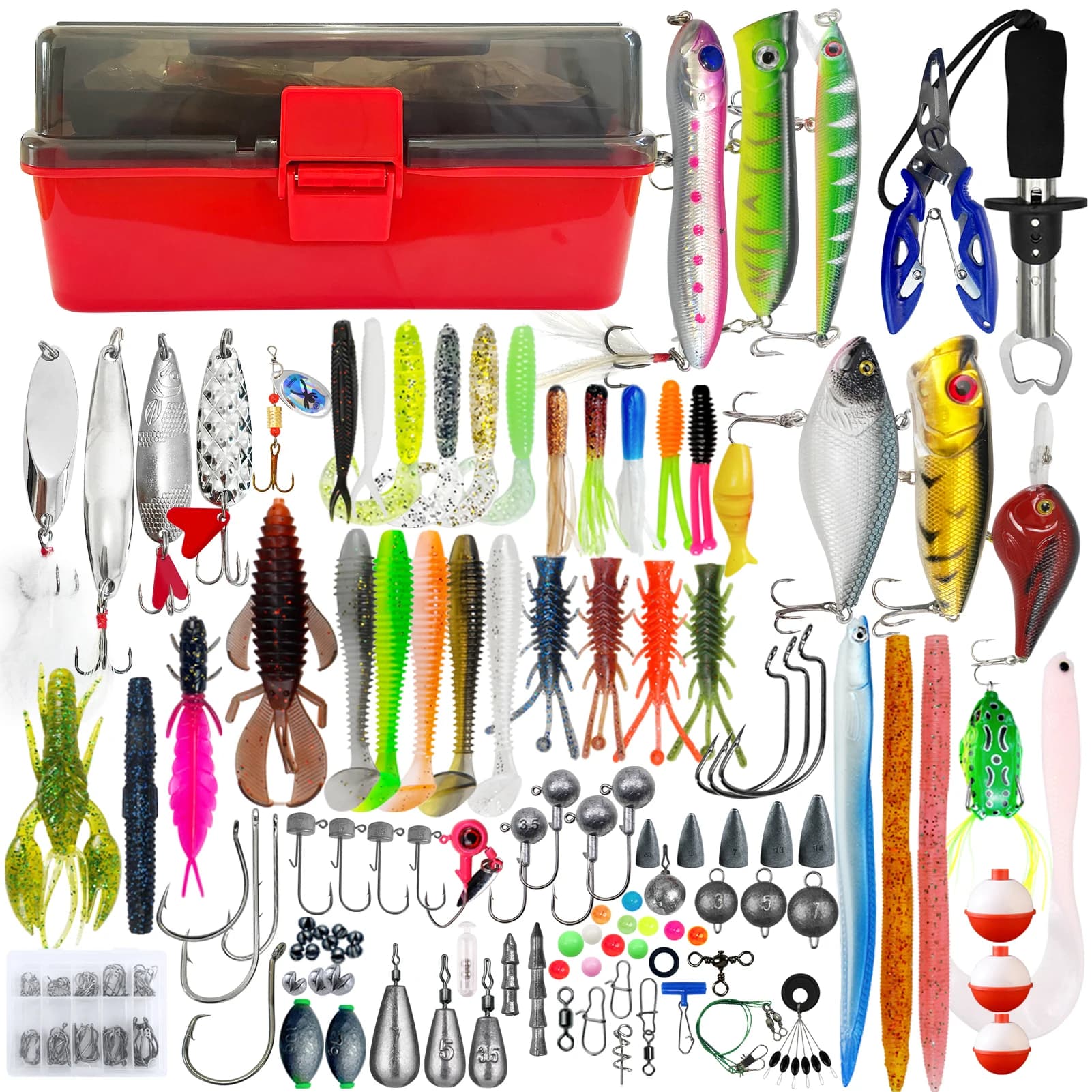 FREE FISHER Fishing equipment box, mixed bait kits of 491 pieces, rigid baits, ballast hooks swivel beads masks, fishing pliers tools