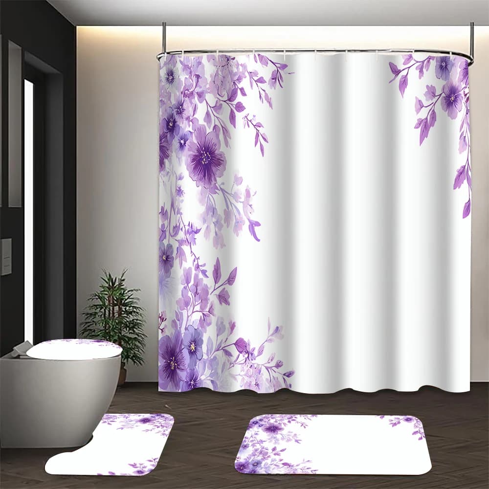 Set di 4/1 tende da doccia con motivo piante viola, decorazione per sedile WC, tenda da doccia con tappeto e coperchio per WC, dimensioni 70,8x70,8 pollici
