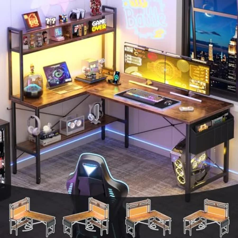 Scrivania da Gaming a L 59 con Luce LED Presa di Corrente Marrone Rustico Scrivania Angolare per Computer con Mensole Borsa Portaoggetti Ganci Reversibile
