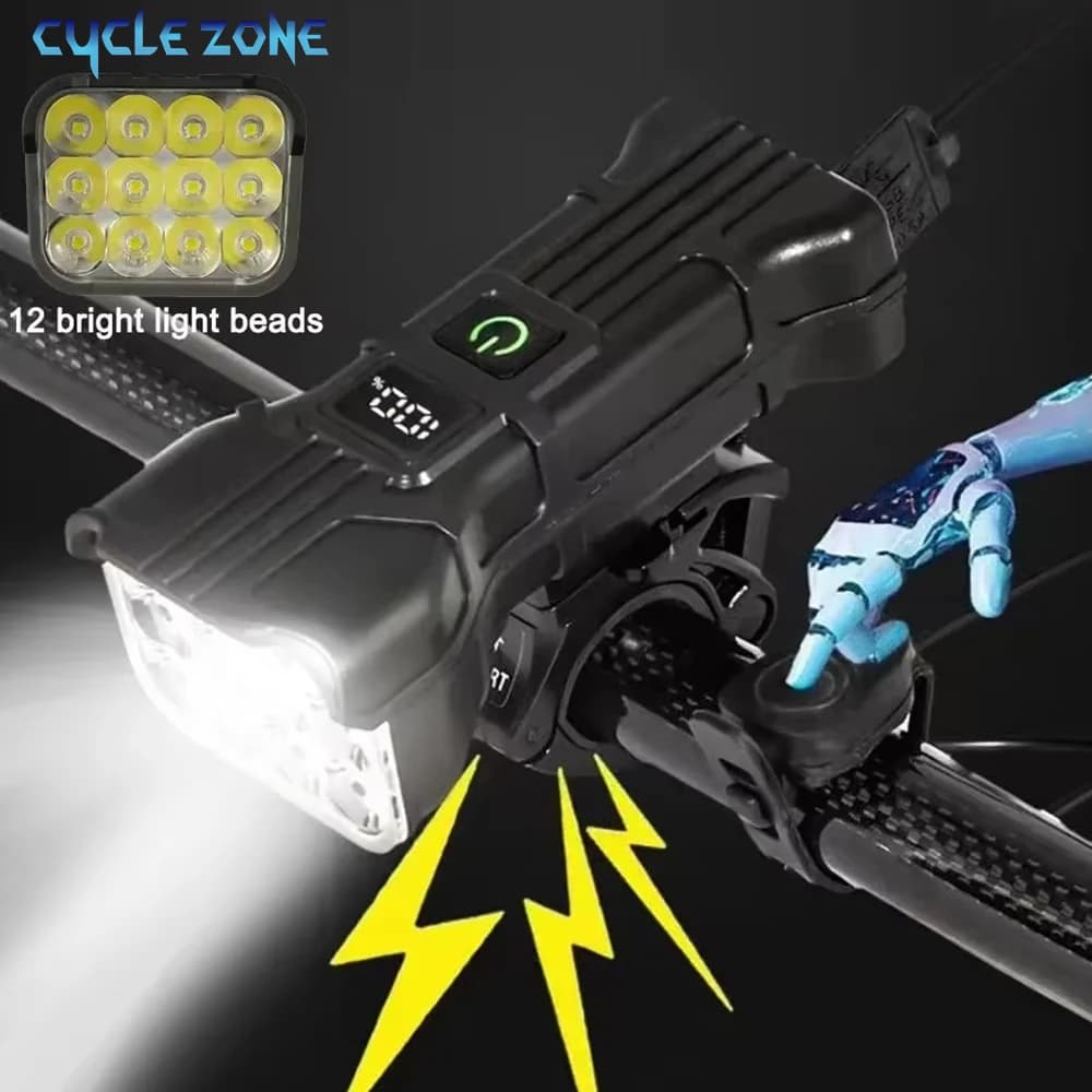 Luce per bici a 12 LED con clacson Luce anteriore per bicicletta ricaricabile Luci per bicicletta MTB Lampada di sicurezza per bici da ciclismo per la guida notturna