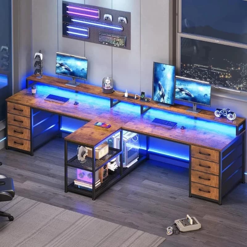 Scrivania da Gaming per 2 Persone da 240 cm, Scrivania per Computer da Ufficio Lunga con 8 Cassetti e Luci LED, Scrivania per Due Persone con Spazio di Archiviazione