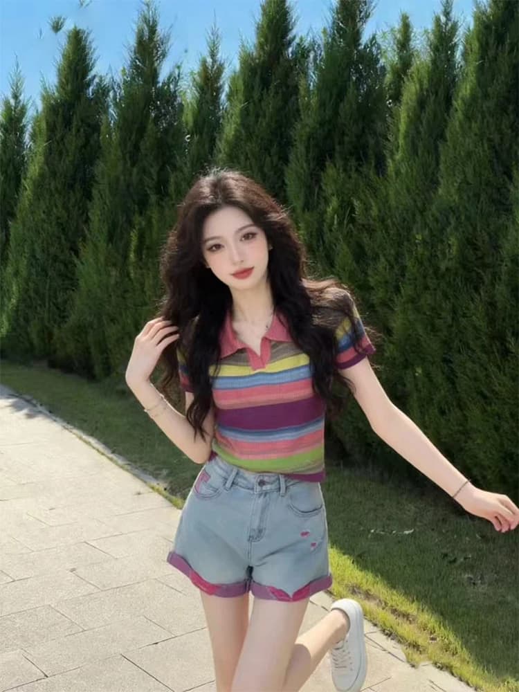 Sweet Rainbow Stripes Short Sleeve T-Shirt And Denim Shorts Women's Summer Fashion Set High Waist Short Pants Breathable Comf...