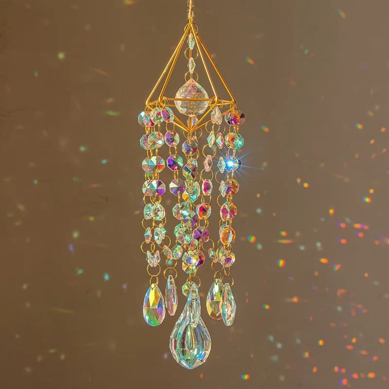 ‌ Gold Plated Crystal Wind Chime - Handmade Rainbow Light Catcher for Garden Hanging Decor, Sun Catcher Ornament