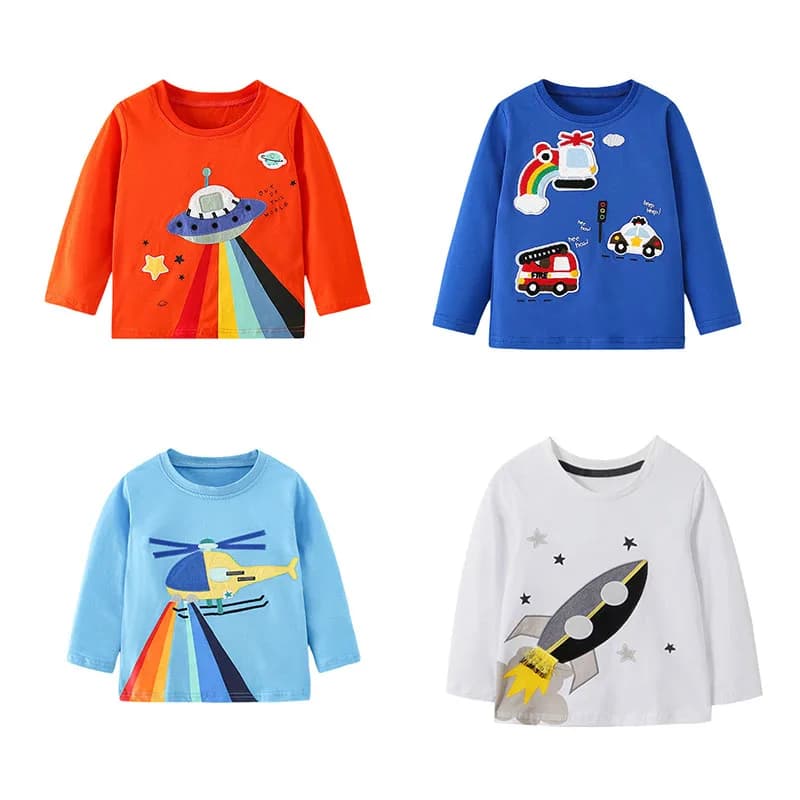 Jumping Meters 2-7T Magliette per ragazzi con ricamo di auto, abbigliamento per bambini molto venduto, camicette a maniche lunghe per autunno e primavera