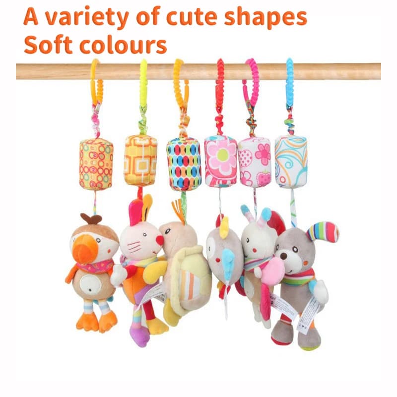 Giocattoli in peluche per passeggino neonato, sonagli sensoriali morbidi per l'apprendimento, animali di peluche morbidi da appendere per passeggino e culla