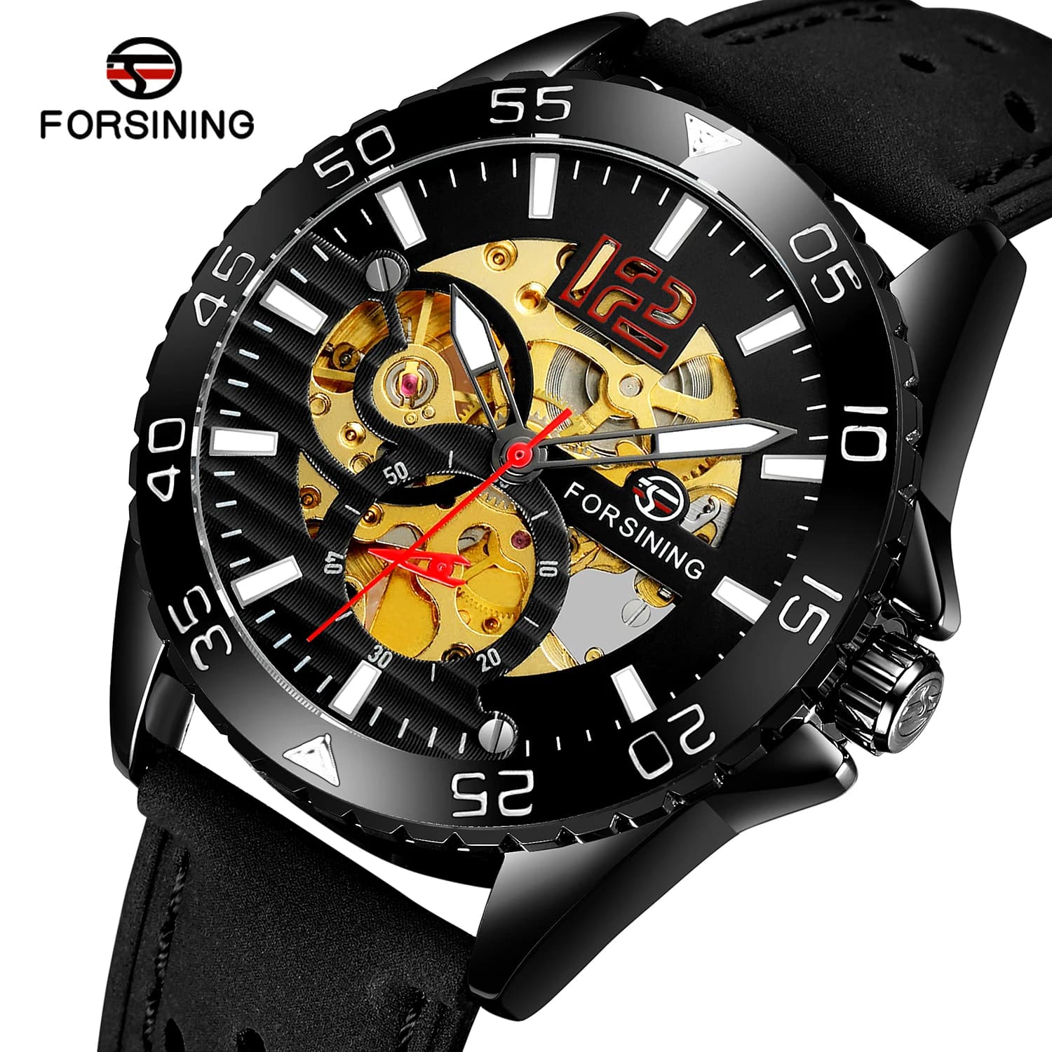 FORSINING Fashion Sport Man Watch Waterproof Skeleton Automatic Mechanical Digital Bezel High-quality Leather Band Cycling Clock