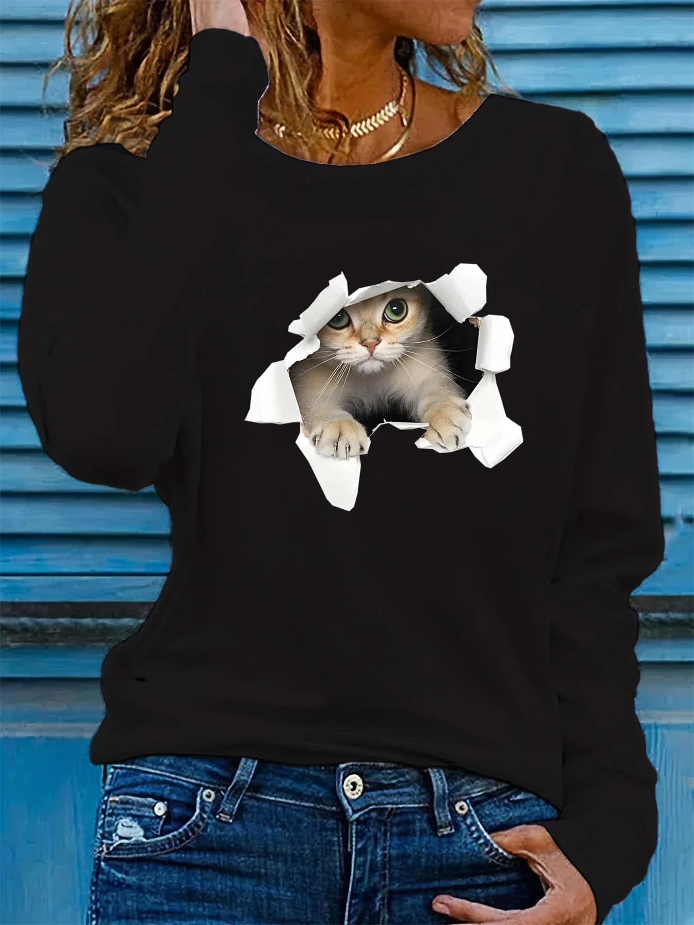 100% pure cotton women's spring and autumn comfortable casual fashion long sleeved 3D cat graphic printed round neck T-shirt
