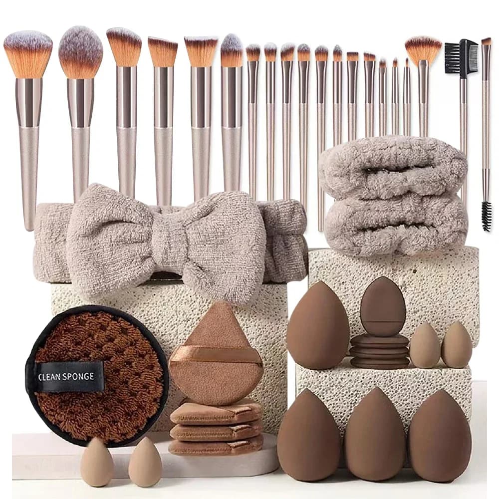 20/40Pcs Makeup Brushes and Sponges Set, Brown Makeup Puff, Beauty Egg, Headband, Wristband Remover Kit, Makeup Tool, Gift,
