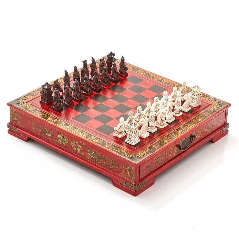 Chinese Retro Style International Chess Set Terracotta Army Style 3D Figurine Pieces Wooden Desktop Chessboard