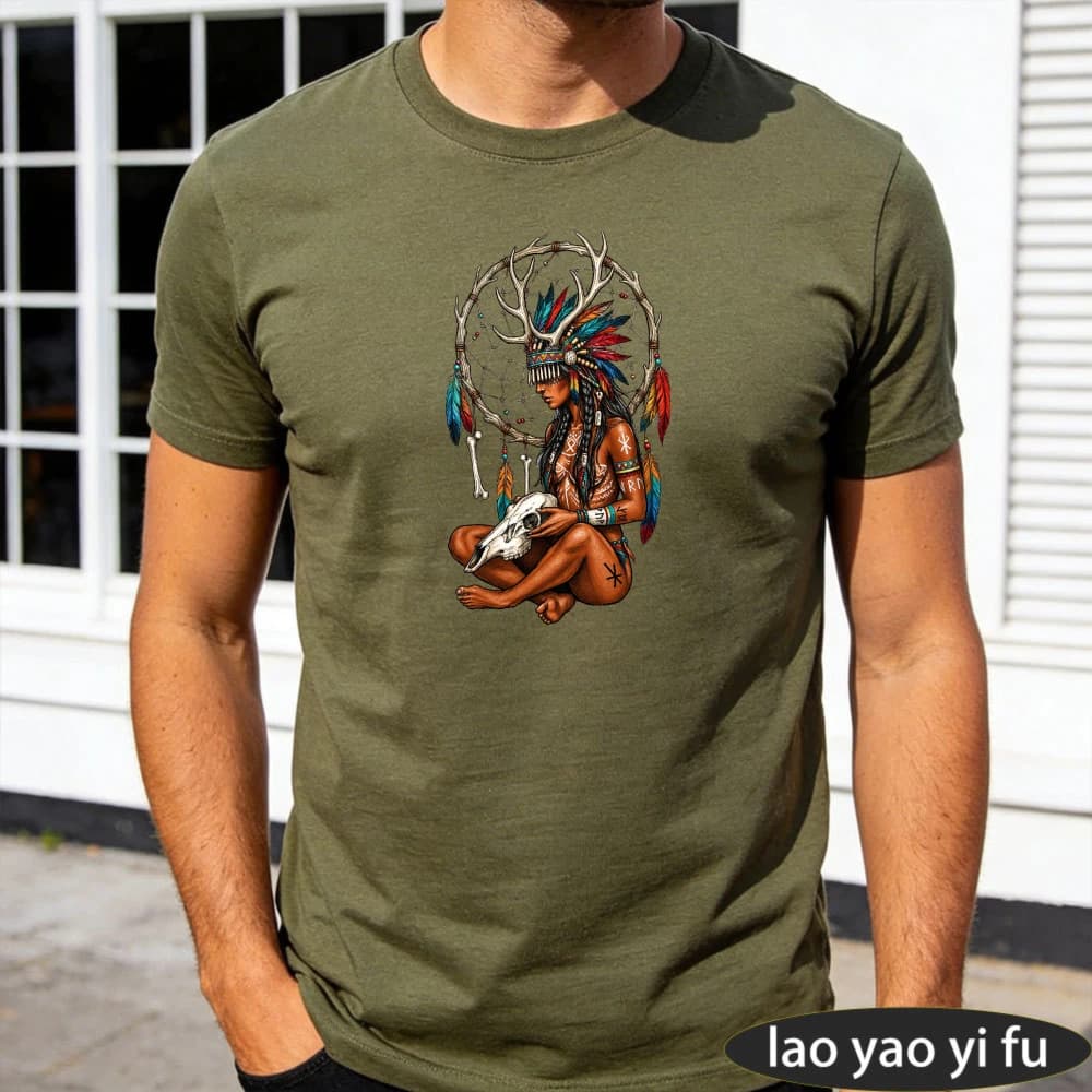 Native Woman Antler Dreamcatcher Skull Men Summer Cotton T Shirt Tribal Ethnic Vintage Spiritual Graphic Short Sleeve Garment